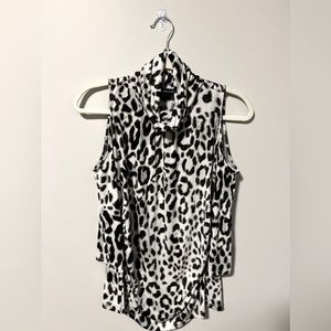 Leopard Print Open Shoulder Cinched Waist Blouse